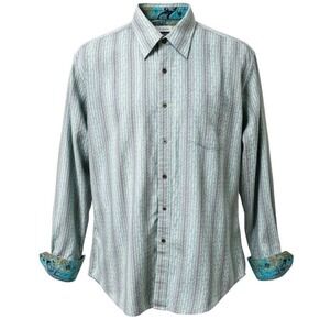 Robert Graham 2XL XXL Striped Shirt Silk Trim Flip Cuff Paisley Embroidery